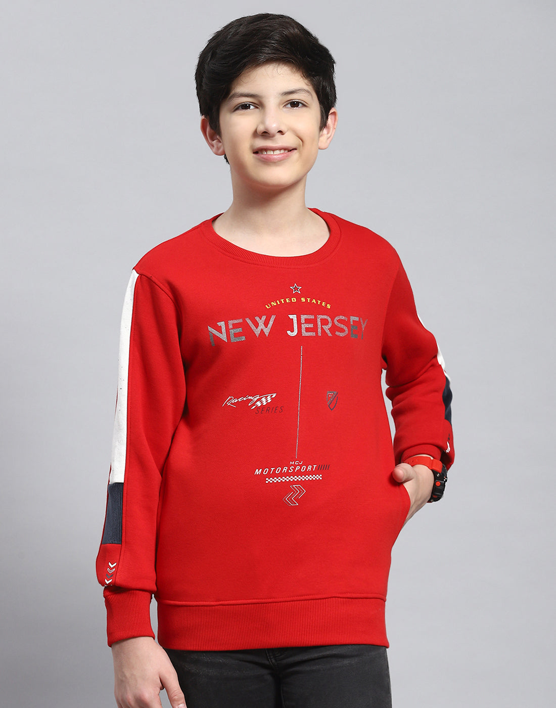 Boys Red Printed Round Neck Full Sleeve Sweatshirt