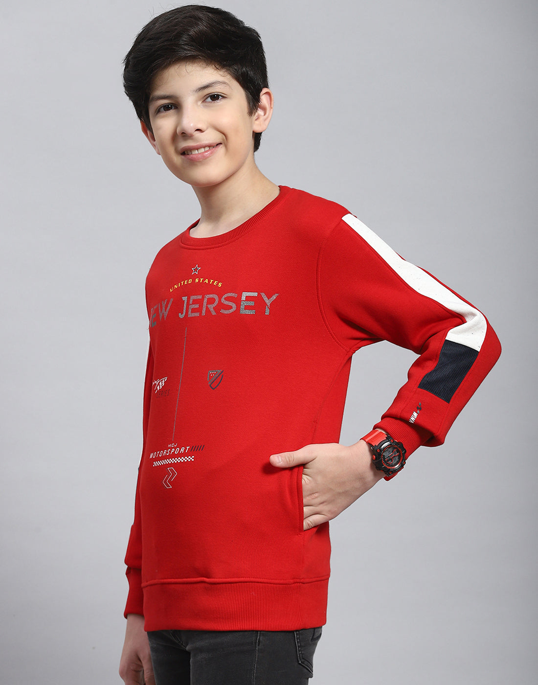 Boys Red Printed Round Neck Full Sleeve Sweatshirt