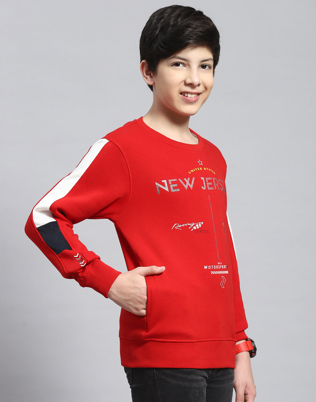 Boys Red Printed Round Neck Full Sleeve Sweatshirt