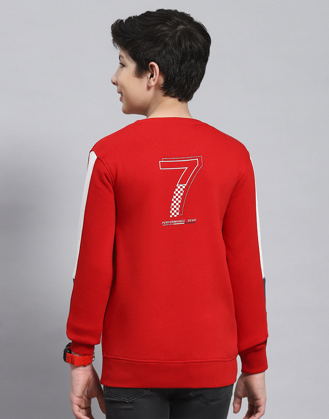 Boys Red Printed Round Neck Full Sleeve Sweatshirt