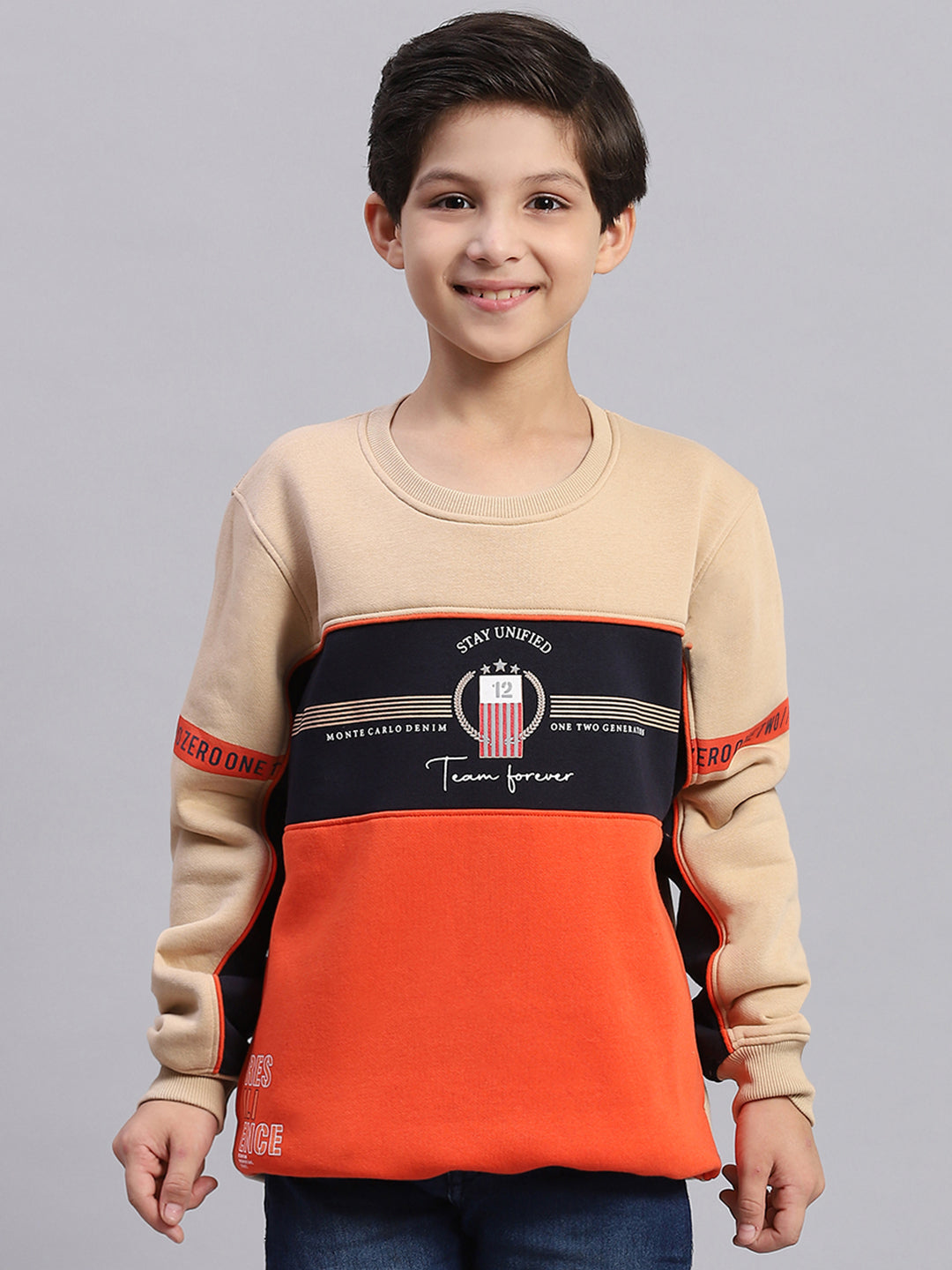 Boys Beige Printed Round Neck Full Sleeve Sweatshirt