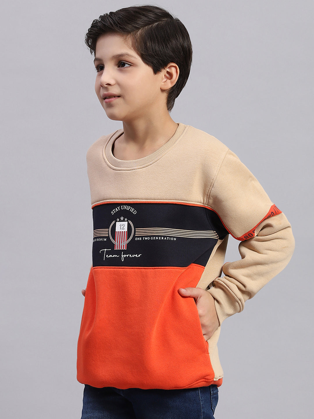 Boys Beige Printed Round Neck Full Sleeve Sweatshirt