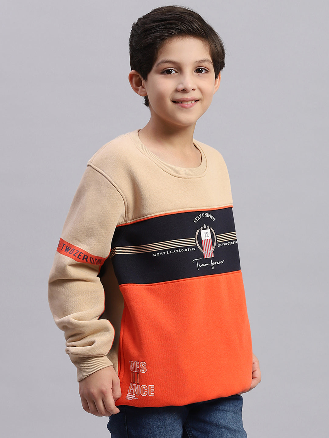 Boys Beige Printed Round Neck Full Sleeve Sweatshirt