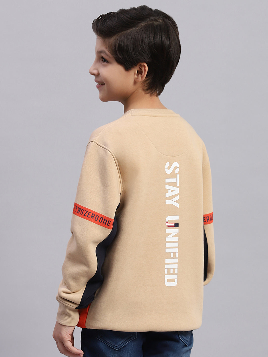 Boys Beige Printed Round Neck Full Sleeve Sweatshirt