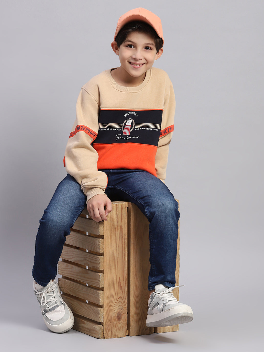 Boys Beige Printed Round Neck Full Sleeve Sweatshirt