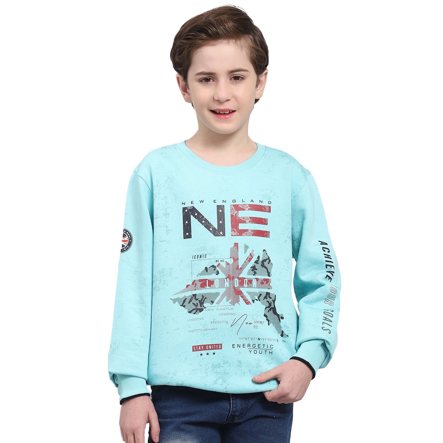 Boys Turquoise Blue Printed Round Neck Full Sleeve Sweatshirt