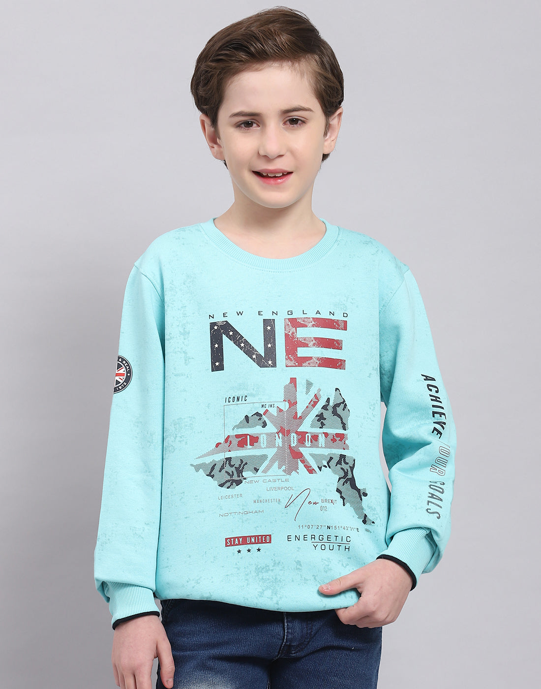 Boys Turquoise Blue Printed Round Neck Full Sleeve Sweatshirt