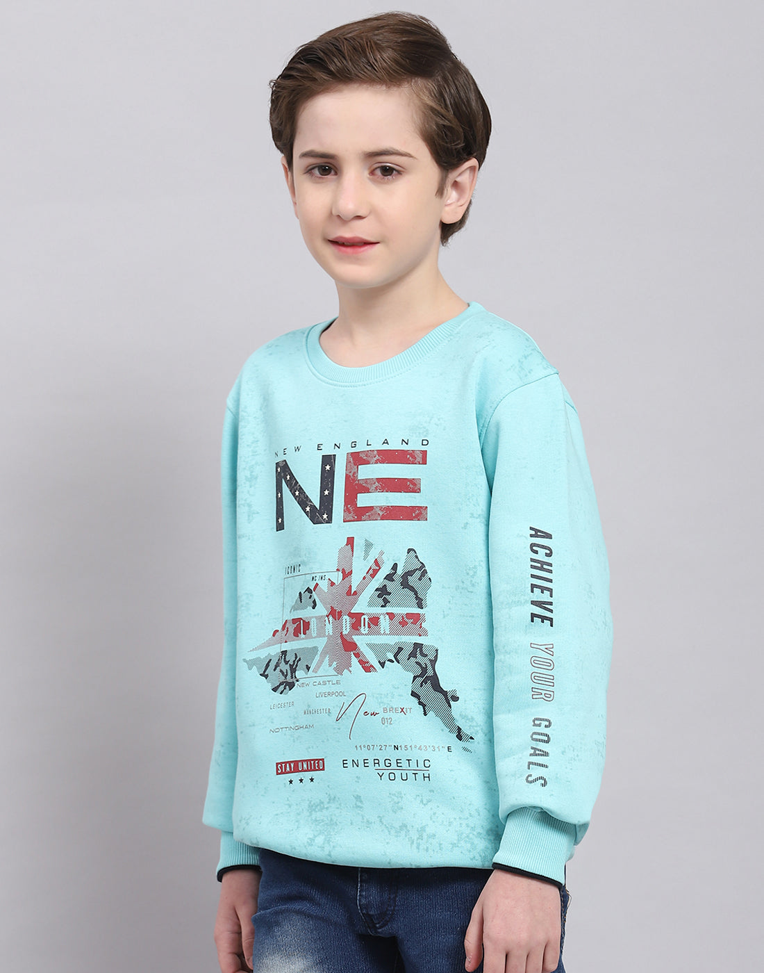 Boys Turquoise Blue Printed Round Neck Full Sleeve Sweatshirt