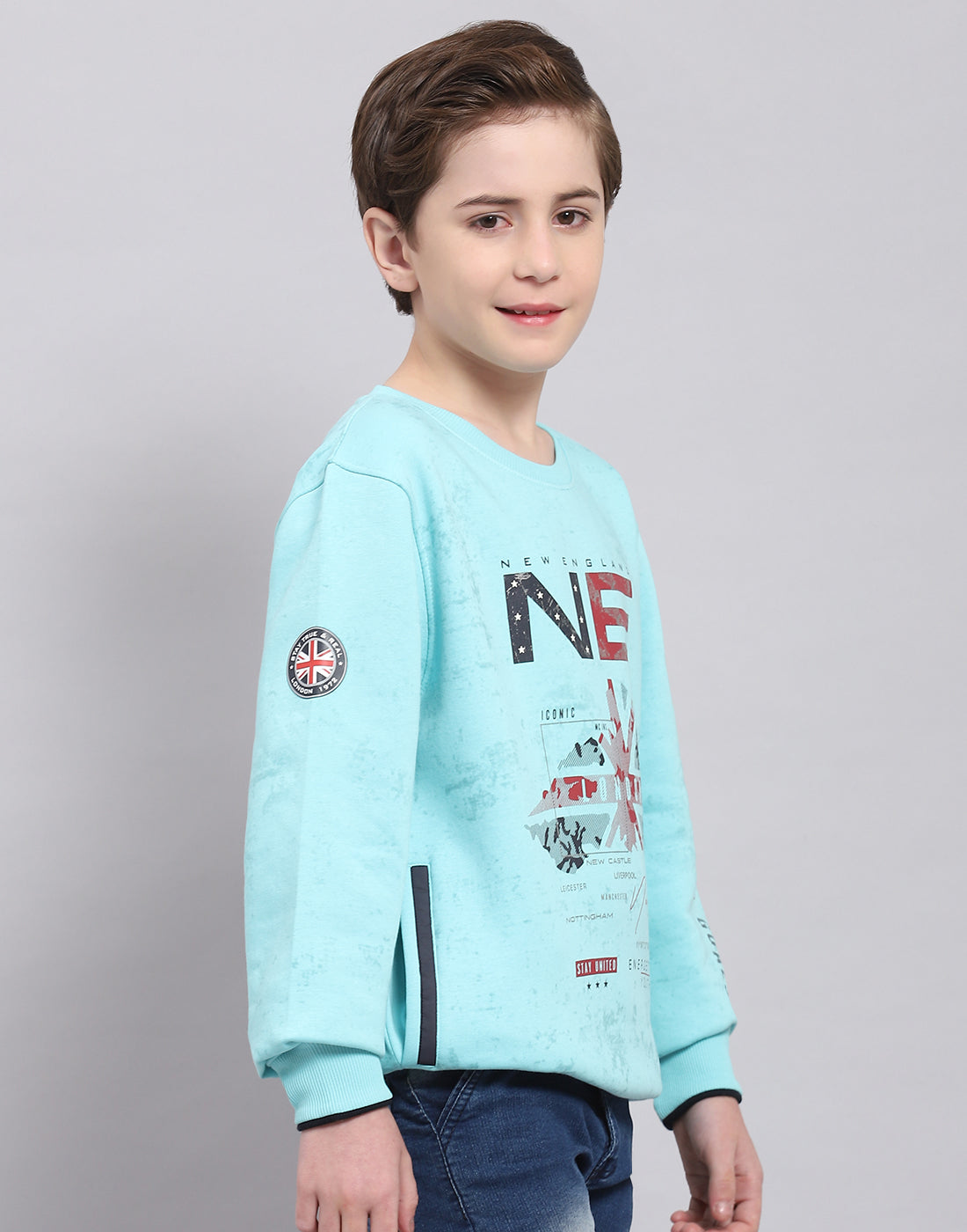 Boys Turquoise Blue Printed Round Neck Full Sleeve Sweatshirt