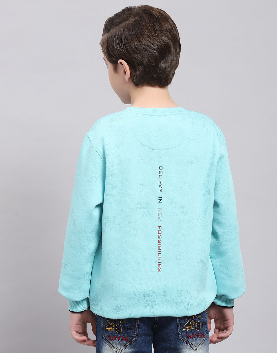 Boys Turquoise Blue Printed Round Neck Full Sleeve Sweatshirt