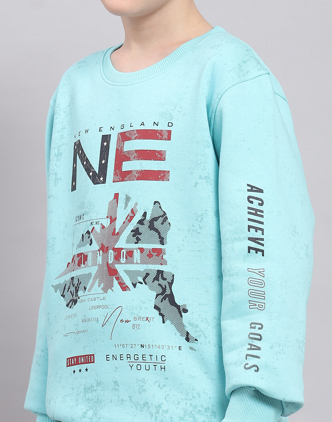 Boys Turquoise Blue Printed Round Neck Full Sleeve Sweatshirt