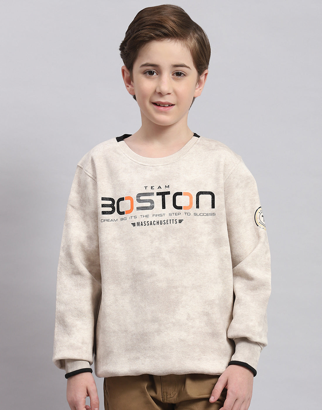 Boys Beige Printed Round Neck Full Sleeve Sweatshirt