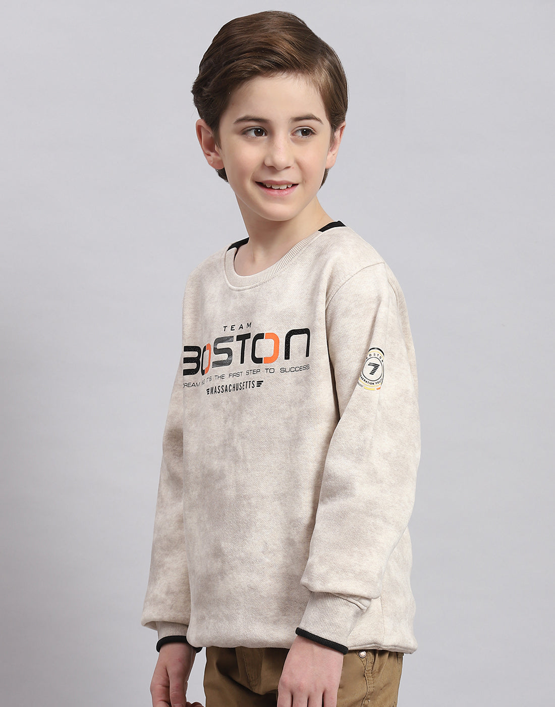 Boys Beige Printed Round Neck Full Sleeve Sweatshirt