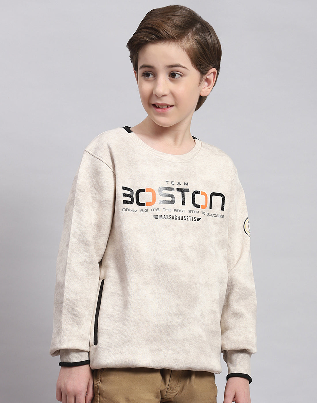 Boys Beige Printed Round Neck Full Sleeve Sweatshirt