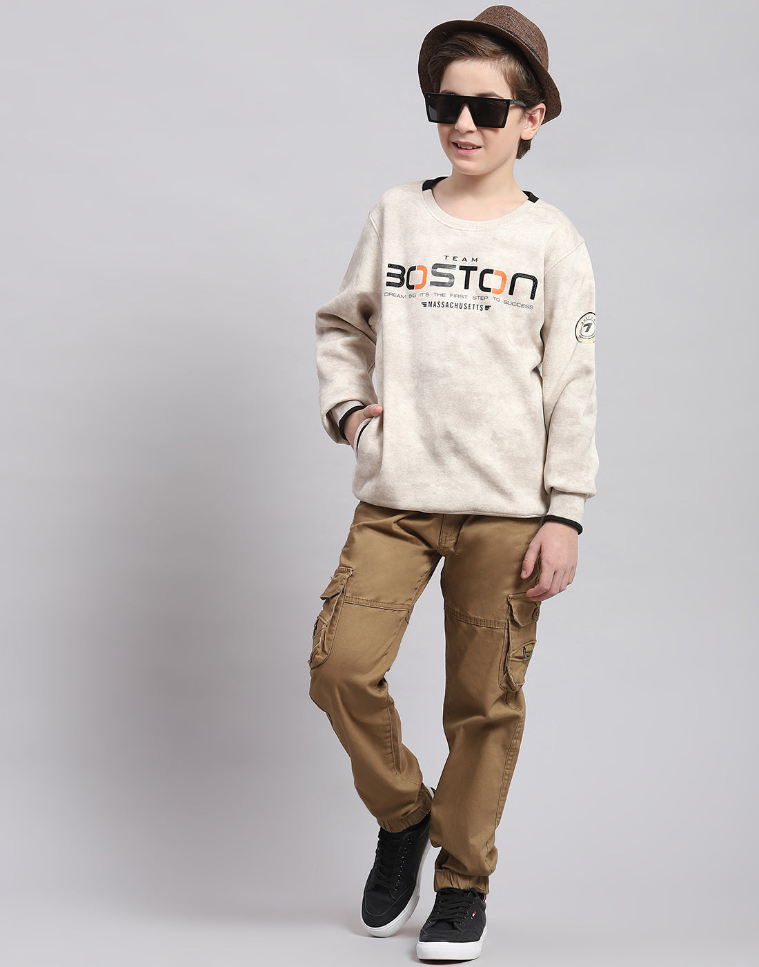 Boys Beige Printed Round Neck Full Sleeve Sweatshirt