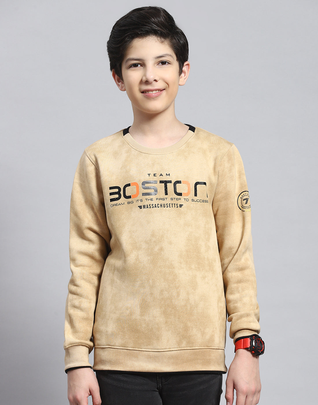 Boys Beige Printed Round Neck Full Sleeve Sweatshirt