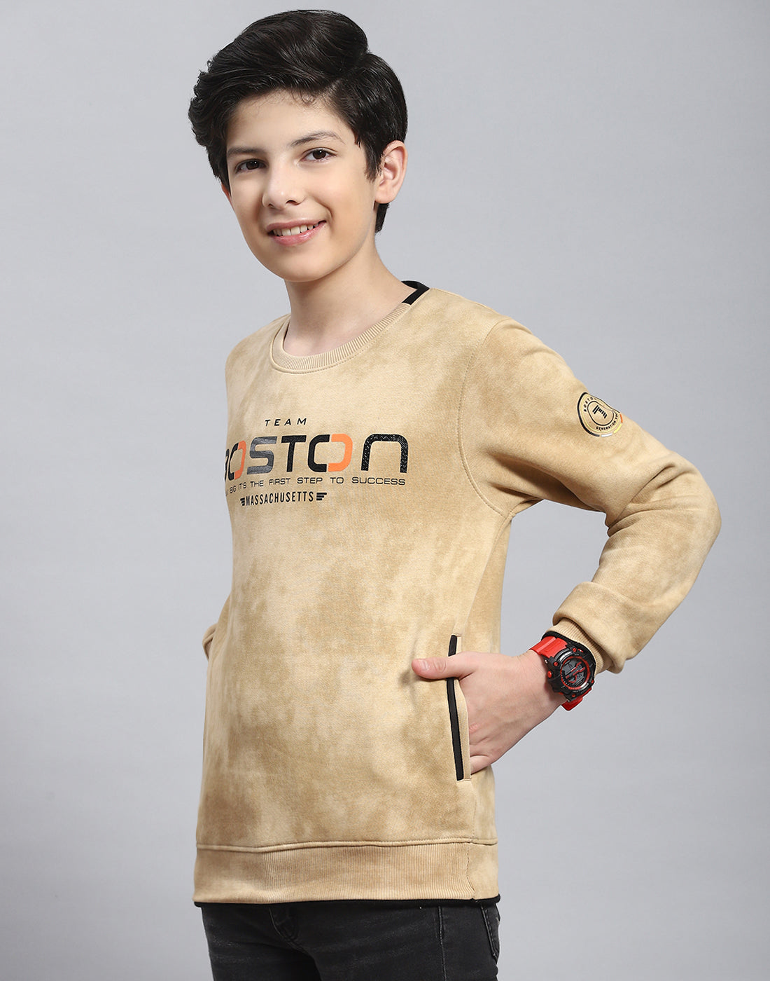 Boys Beige Printed Round Neck Full Sleeve Sweatshirt