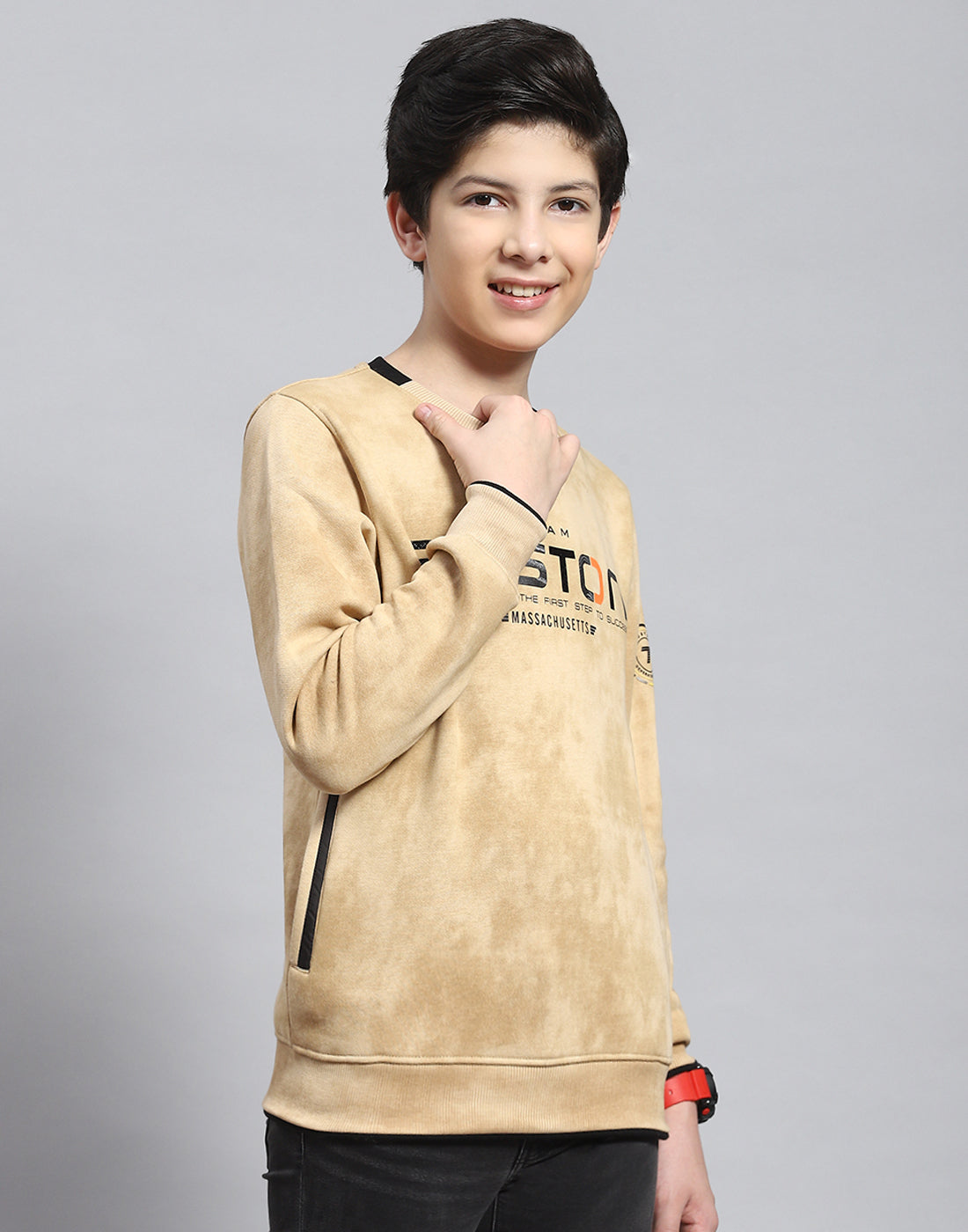 Boys Beige Printed Round Neck Full Sleeve Sweatshirt