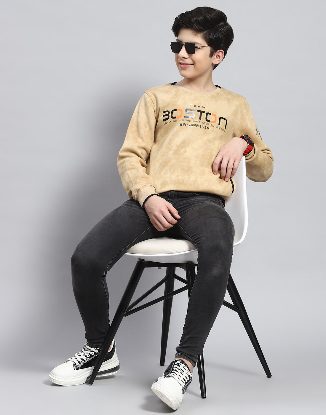 Boys Beige Printed Round Neck Full Sleeve Sweatshirt