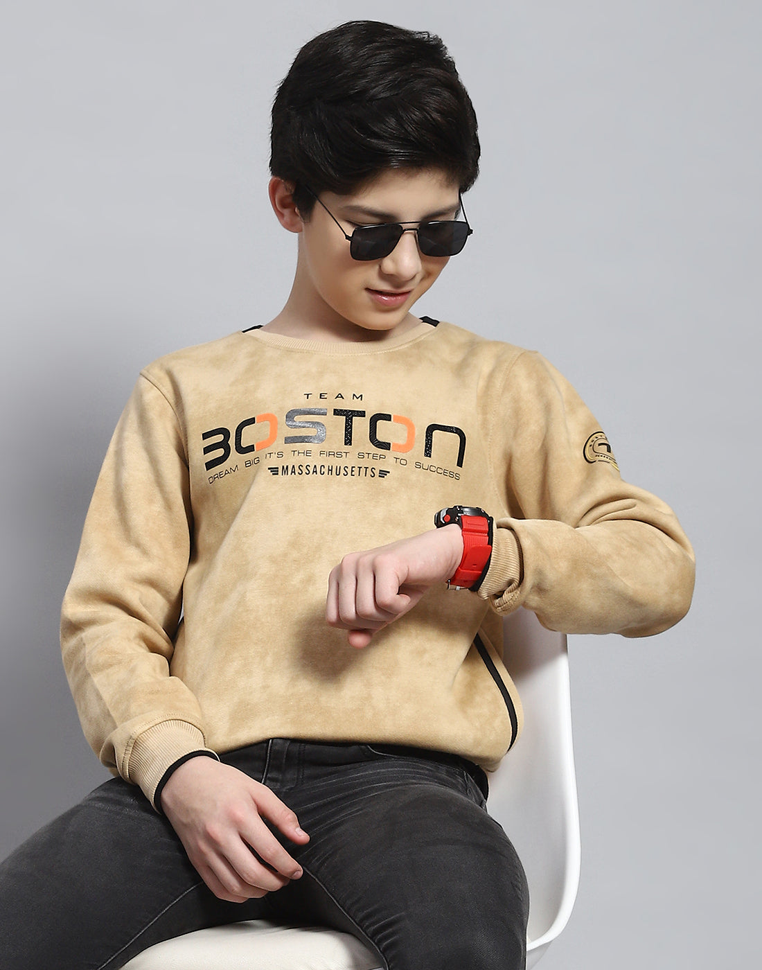 Boys Beige Printed Round Neck Full Sleeve Sweatshirt