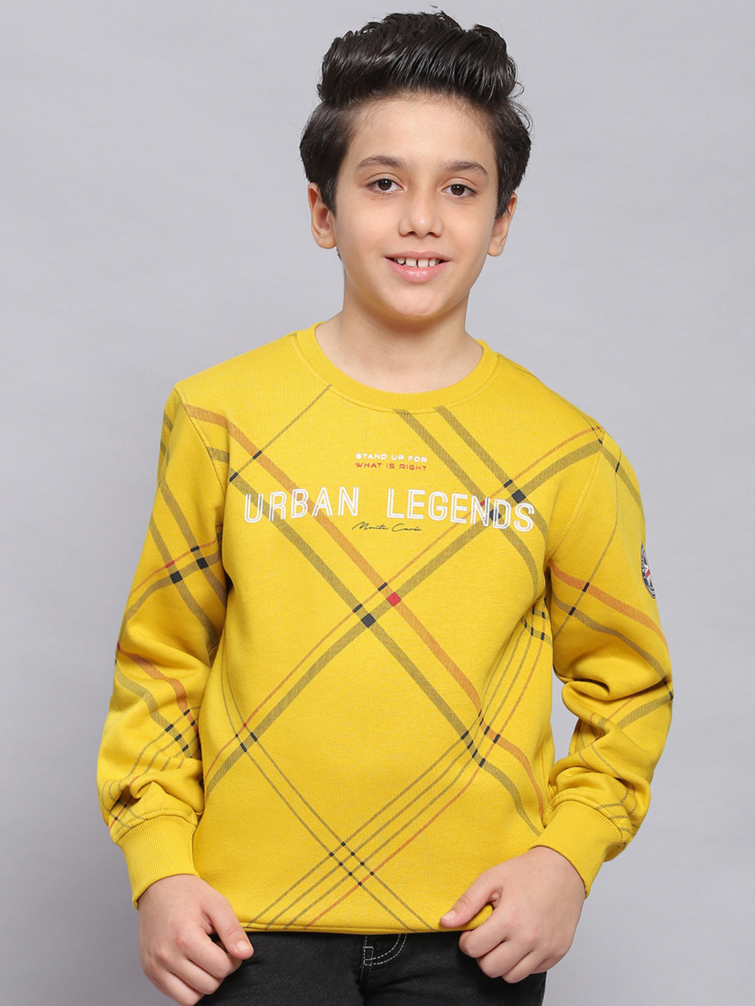 Boys Yellow Printed Round Neck Full Sleeve Sweatshirt