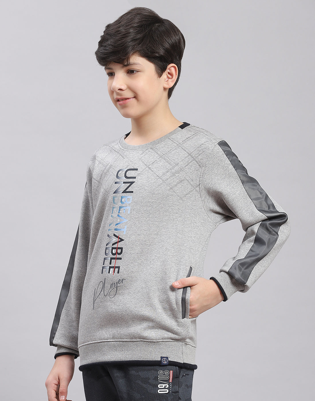 Boys Grey Melange Printed Round Neck Full Sleeve Sweatshirt