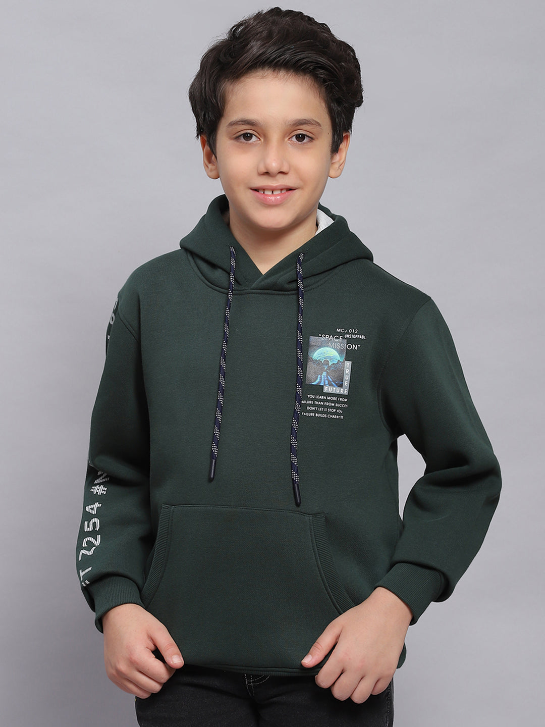 Boys Green Printed Hooded Full Sleeve Sweatshirt