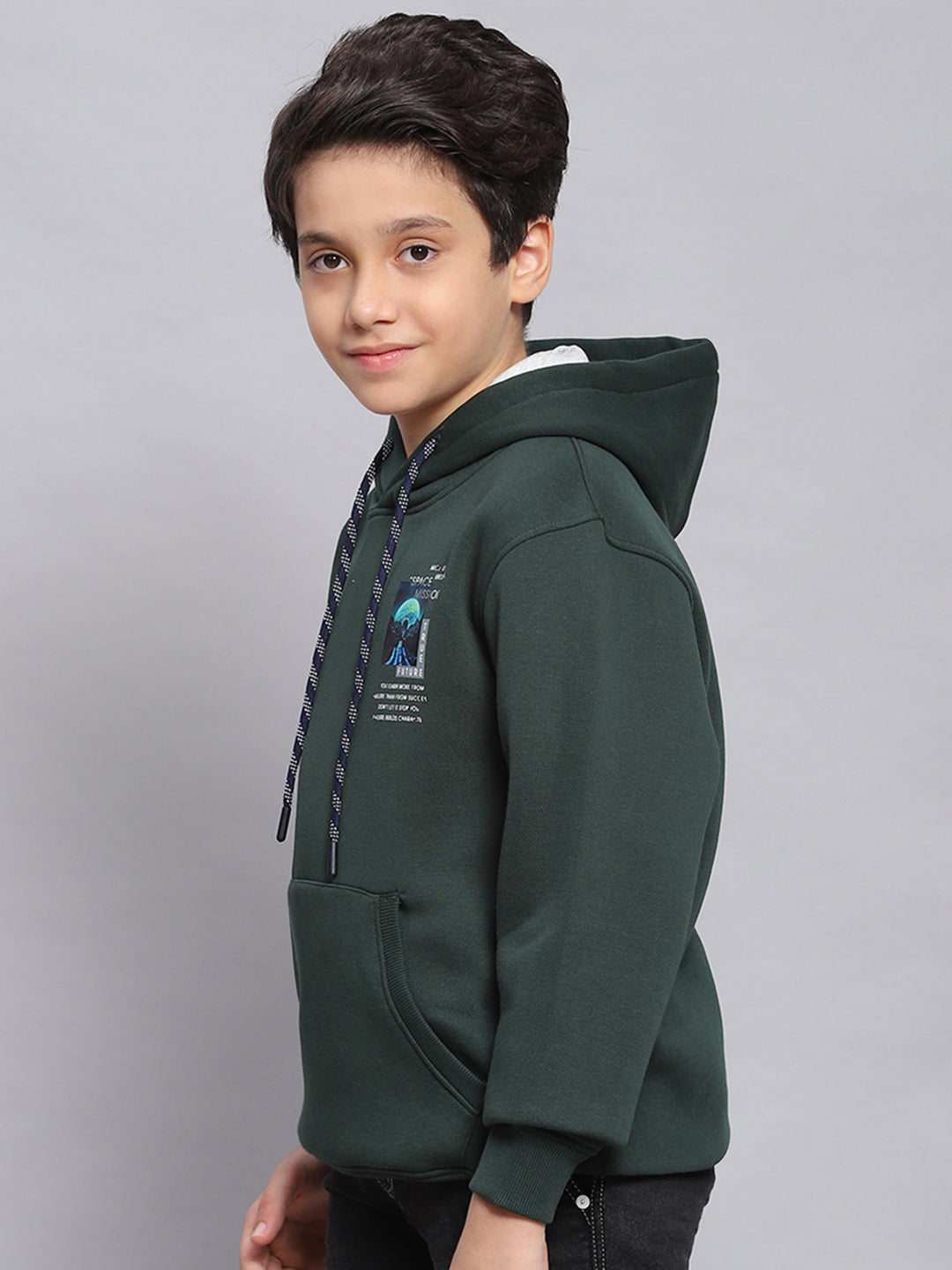 Boys Green Printed Hooded Full Sleeve Sweatshirt