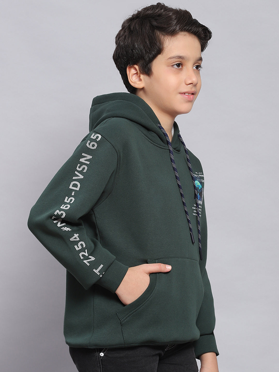 Boys Green Printed Hooded Full Sleeve Sweatshirt