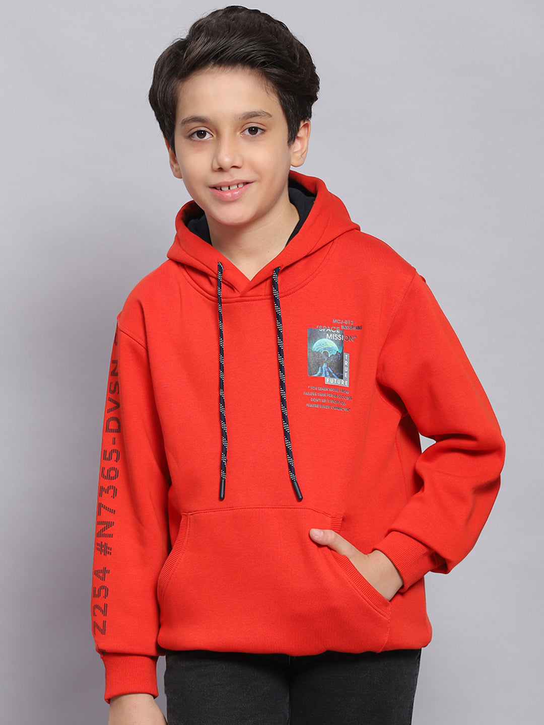 Boys Rust Printed Hooded Full Sleeve Sweatshirt