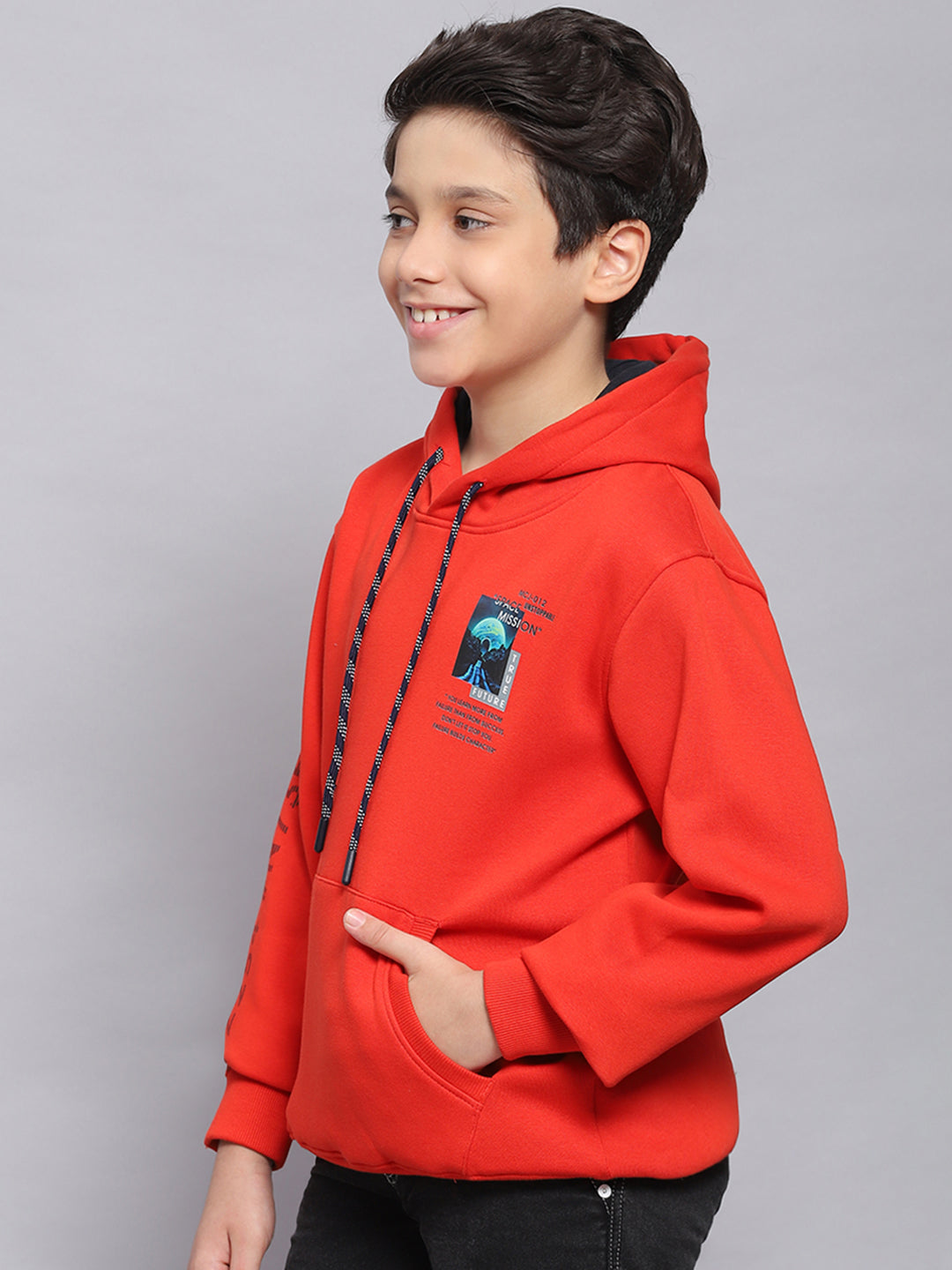 Boys Rust Printed Hooded Full Sleeve Sweatshirt