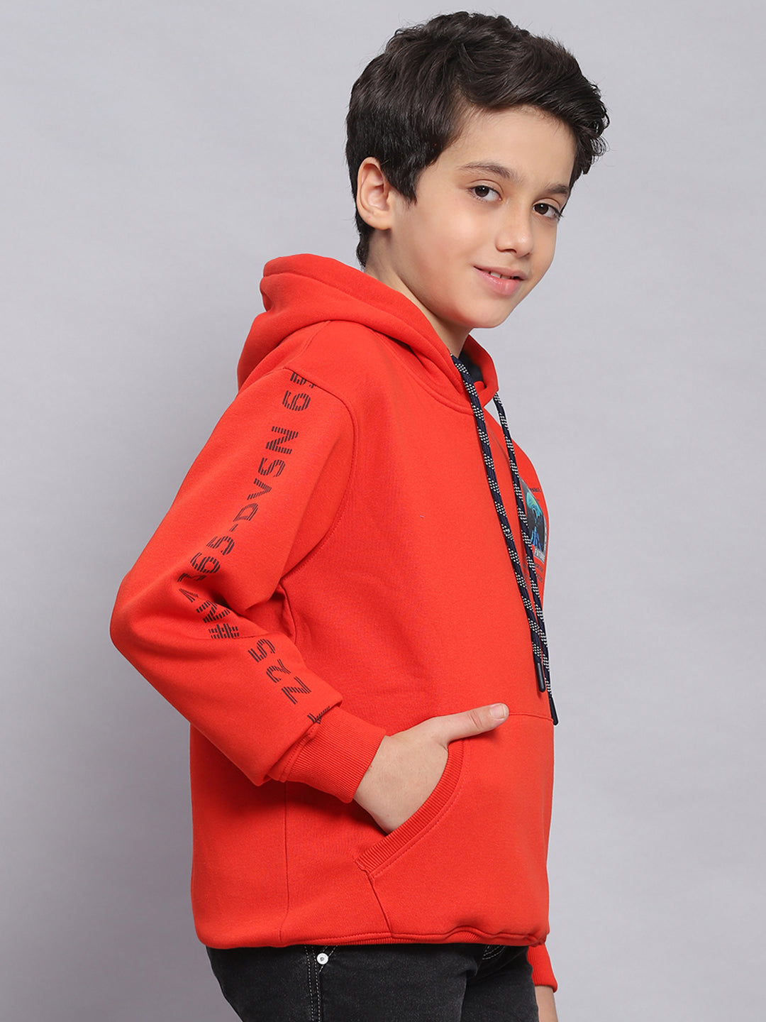 Boys Rust Printed Hooded Full Sleeve Sweatshirt