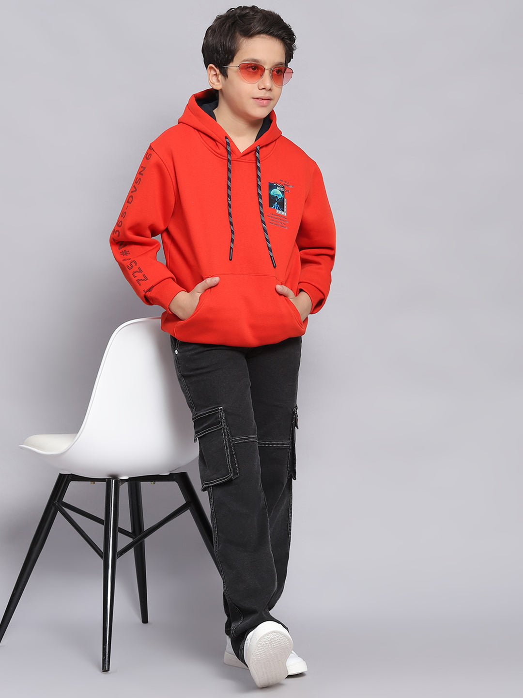 Boys Rust Printed Hooded Full Sleeve Sweatshirt