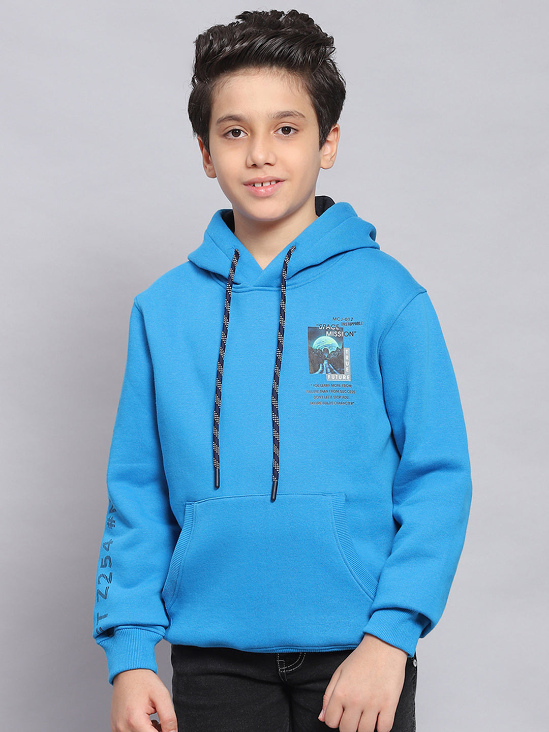 Boys Blue Printed Hooded Full Sleeve Sweatshirt