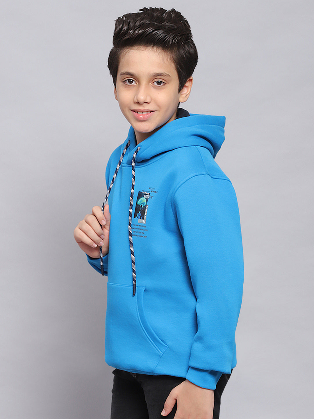 Boys Blue Printed Hooded Full Sleeve Sweatshirt