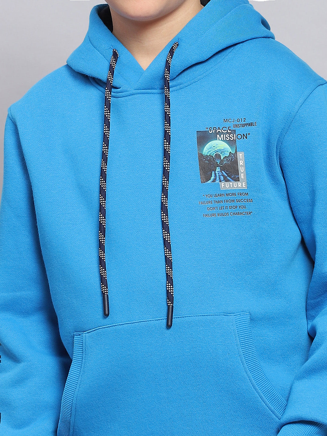 Boys Blue Printed Hooded Full Sleeve Sweatshirt