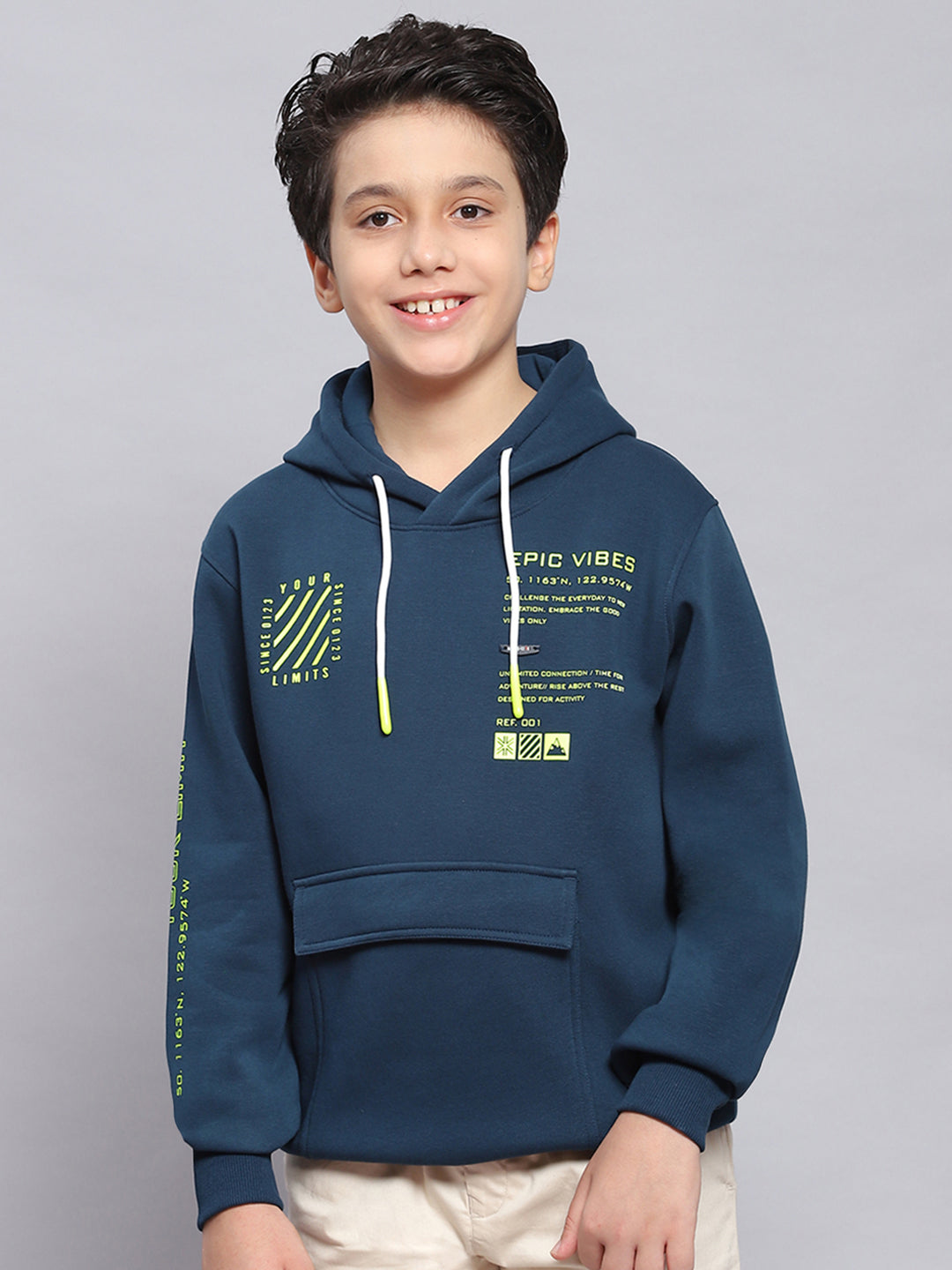 Boys Teal Blue Printed Hooded Full Sleeve Sweatshirt