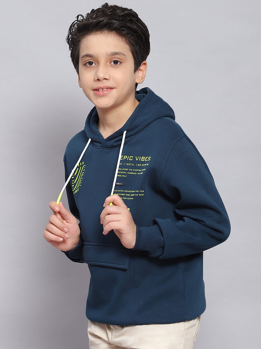 Boys Teal Blue Printed Hooded Full Sleeve Sweatshirt