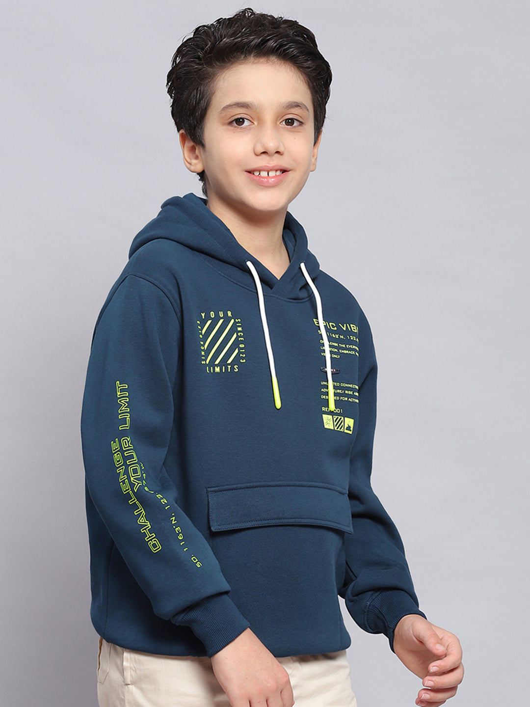 Boys Teal Blue Printed Hooded Full Sleeve Sweatshirt