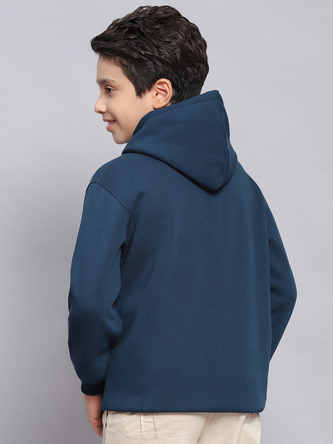 Boys Teal Blue Printed Hooded Full Sleeve Sweatshirt