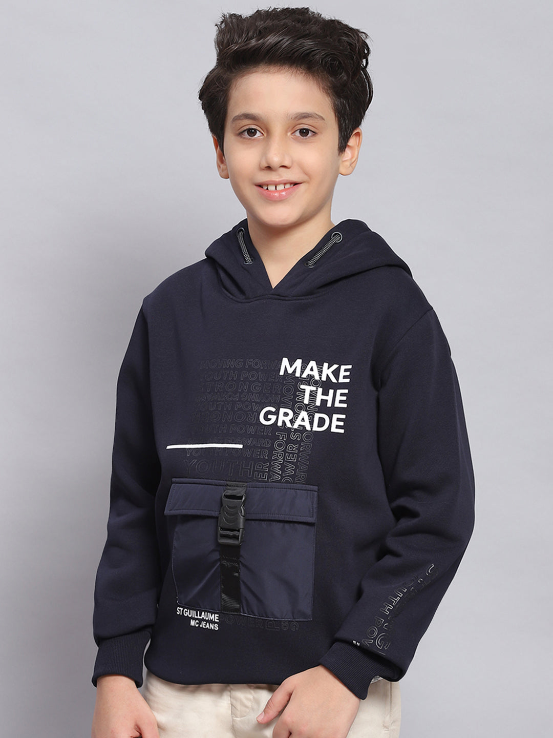 Boys Navy Blue Printed Hooded Full Sleeve Sweatshirt