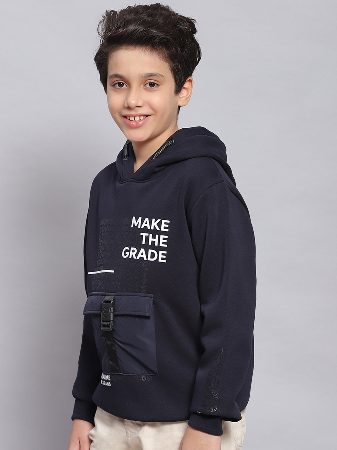 Boys Navy Blue Printed Hooded Full Sleeve Sweatshirt