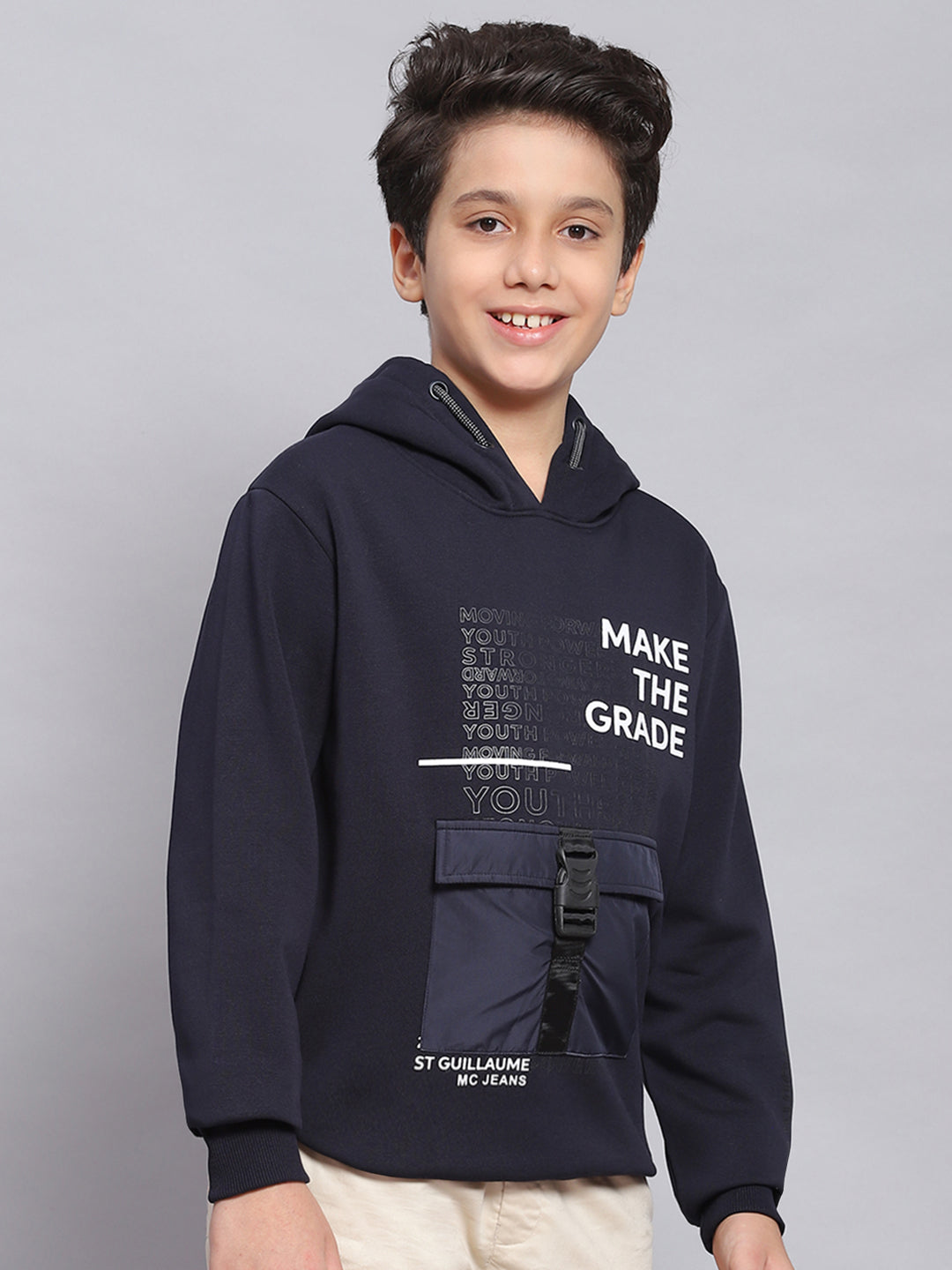 Boys Navy Blue Printed Hooded Full Sleeve Sweatshirt