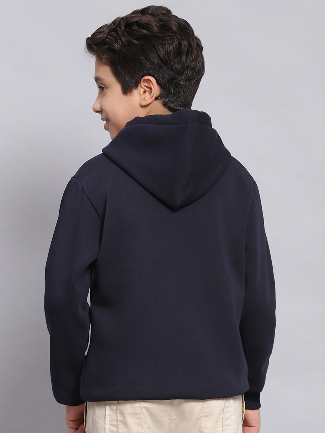 Boys Navy Blue Printed Hooded Full Sleeve Sweatshirt