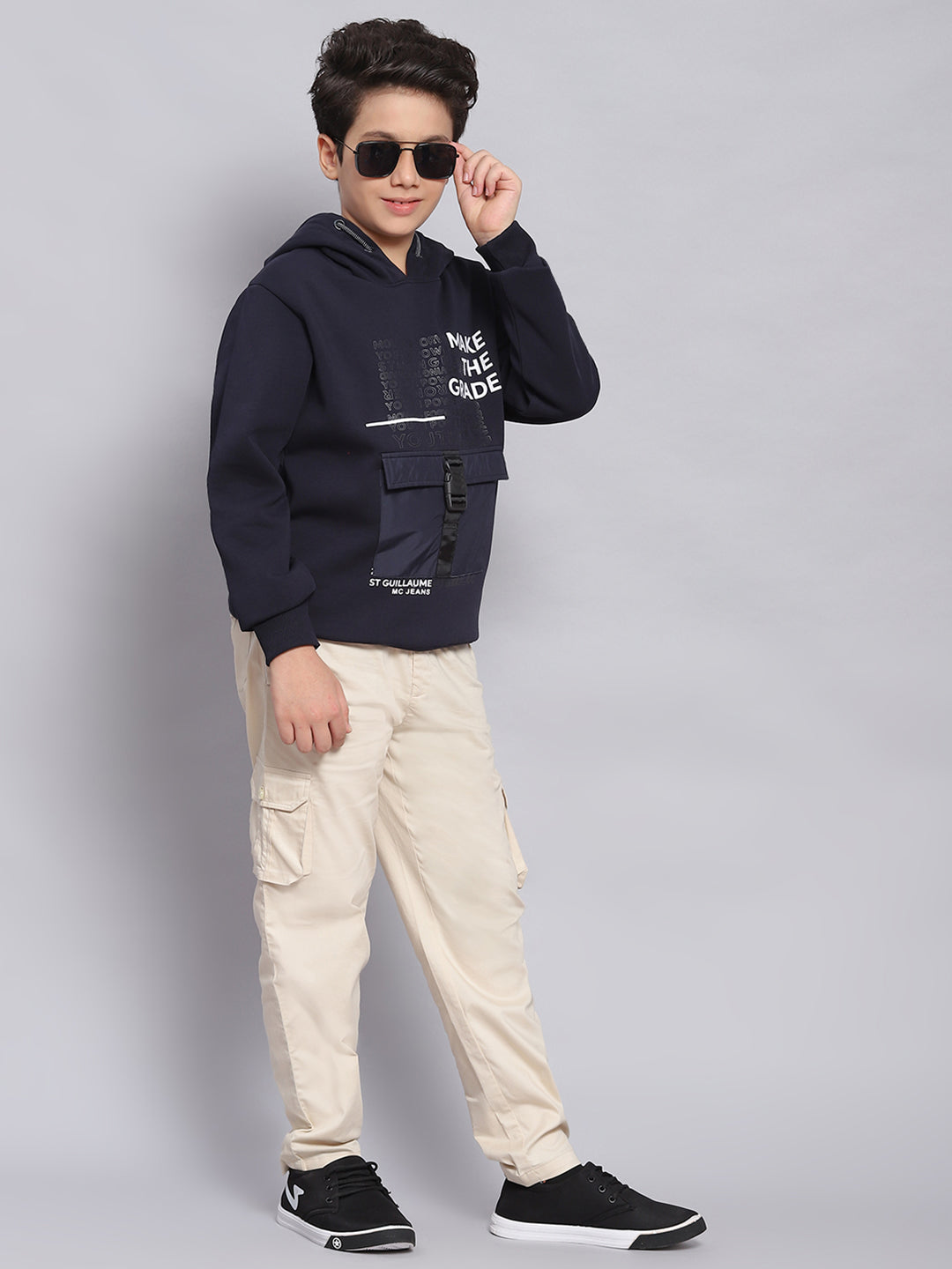 Boys Navy Blue Printed Hooded Full Sleeve Sweatshirt