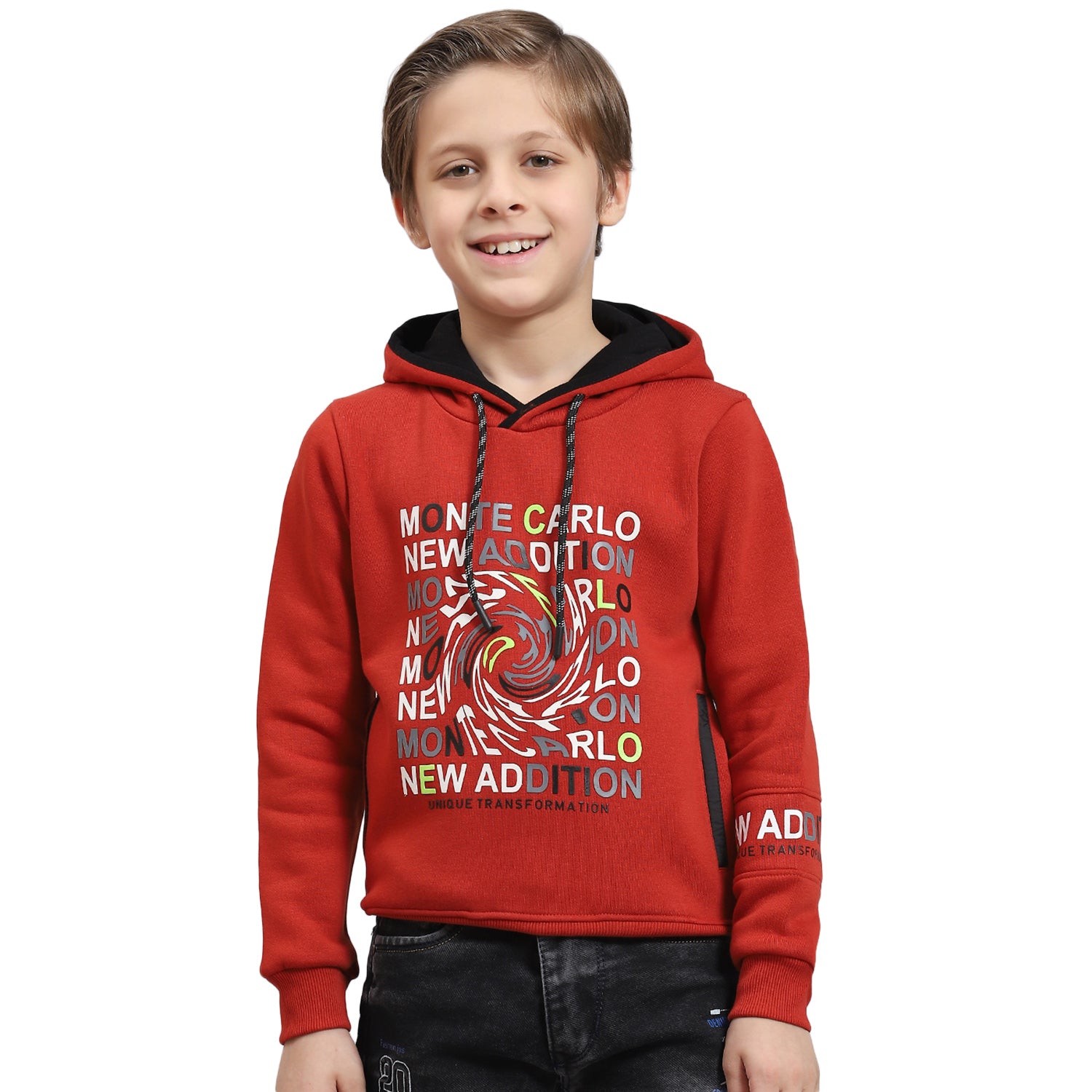 Boys Rust Printed Hooded Full Sleeve Sweatshirt