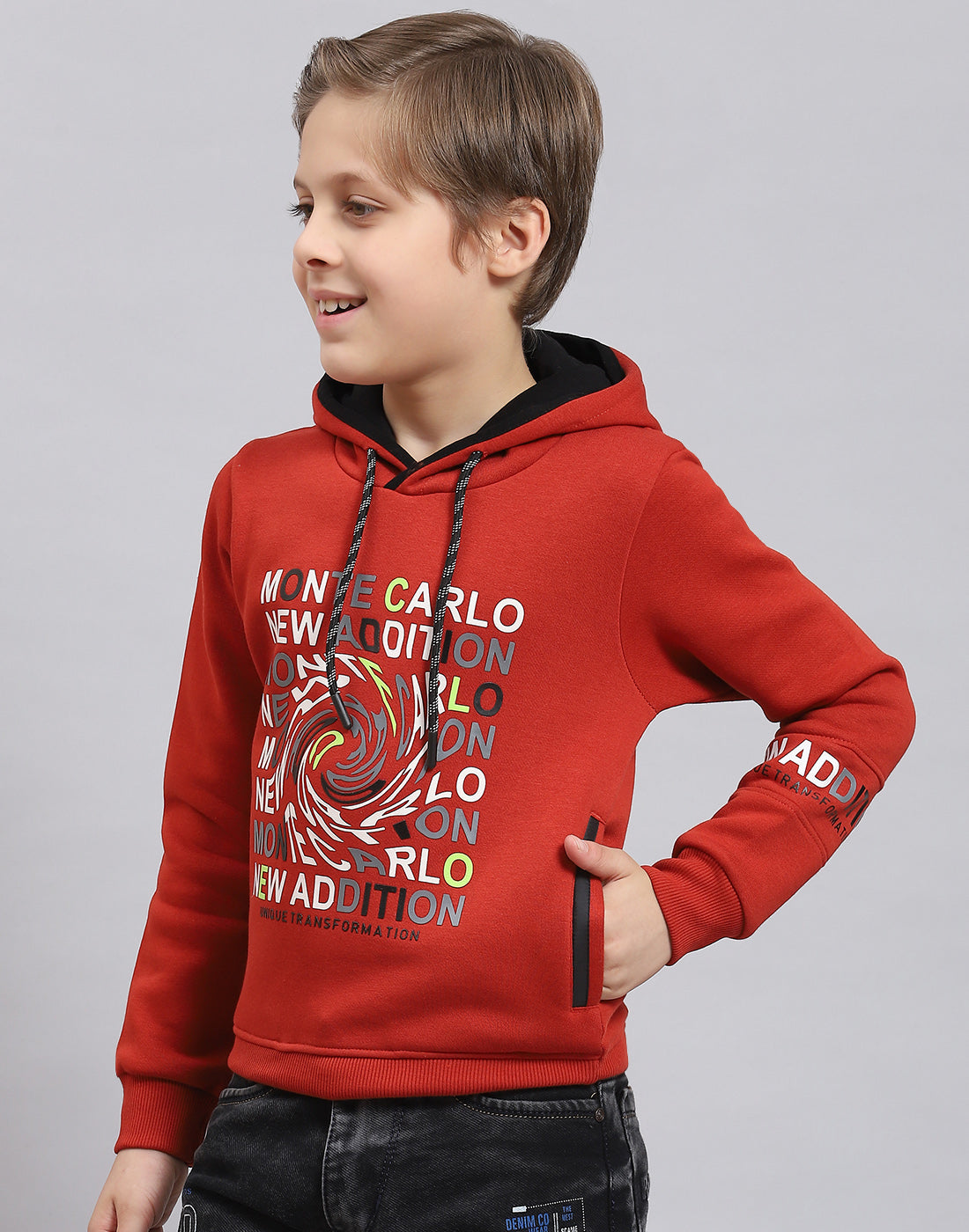 Boys Rust Printed Hooded Full Sleeve Sweatshirt