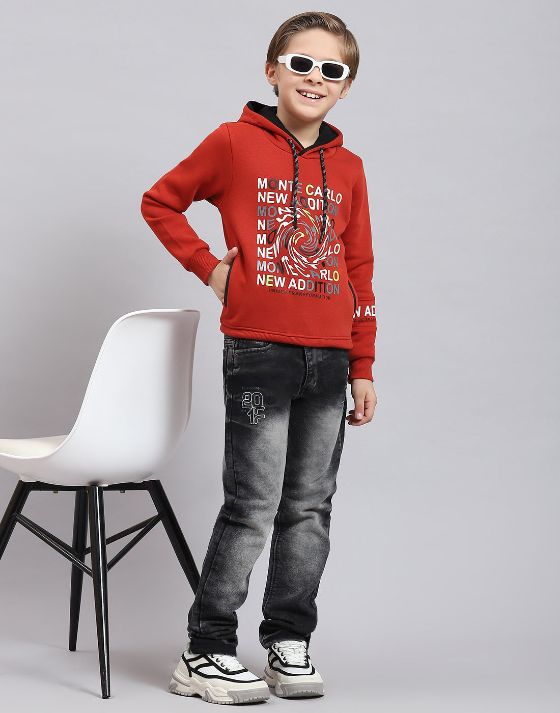 Boys Rust Printed Hooded Full Sleeve Sweatshirt