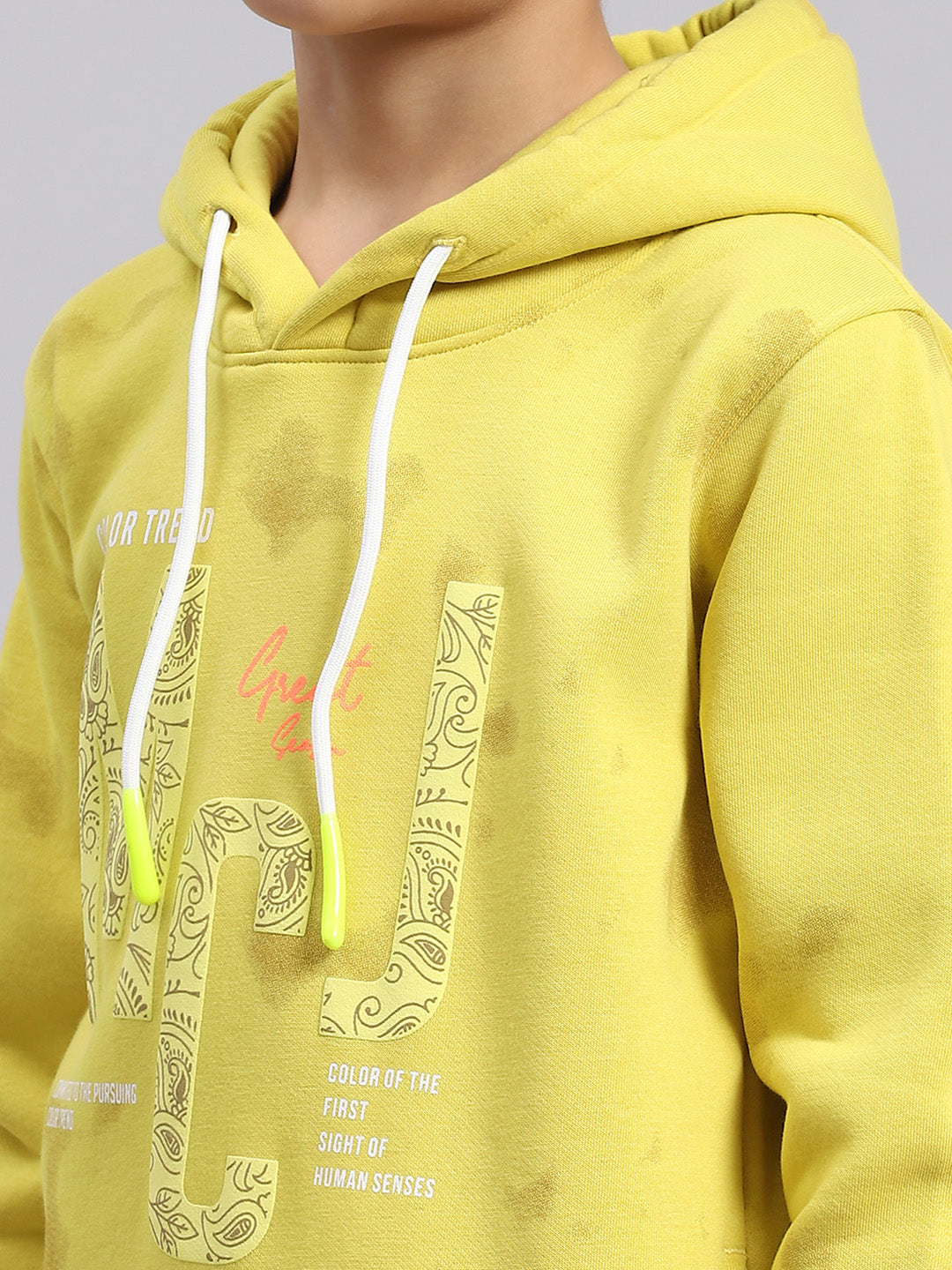 Boys Yellow Printed Round Neck Full Sleeve Sweatshirt