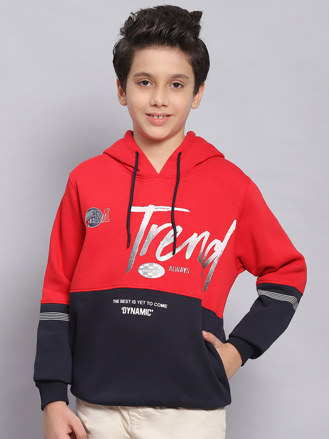 Boys Red Printed Hooded Full Sleeve Sweatshirt